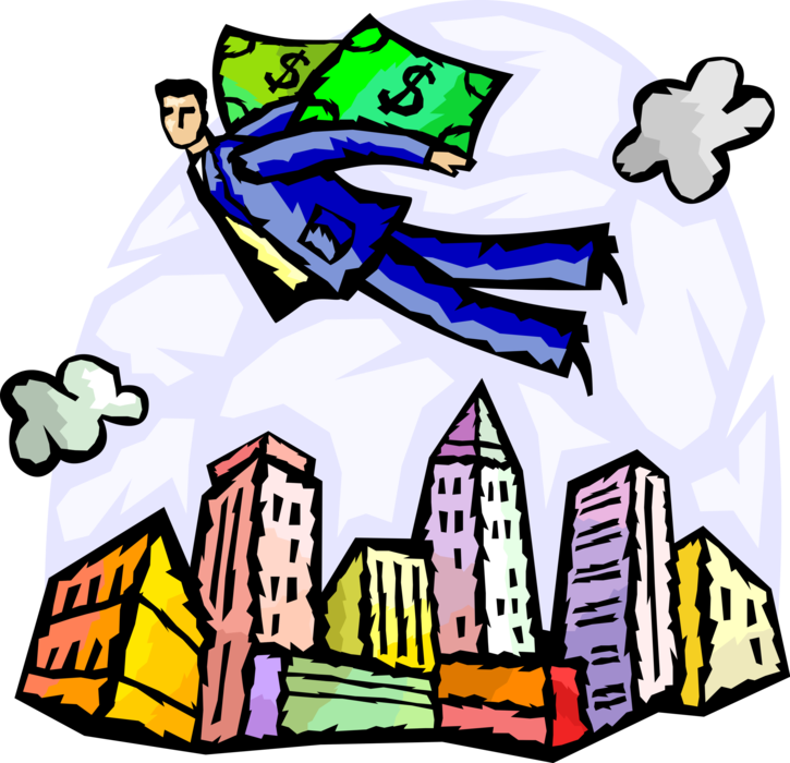 Vector Illustration of Successful Businessman Flies with Dollar Bill Wings Above City Skyline