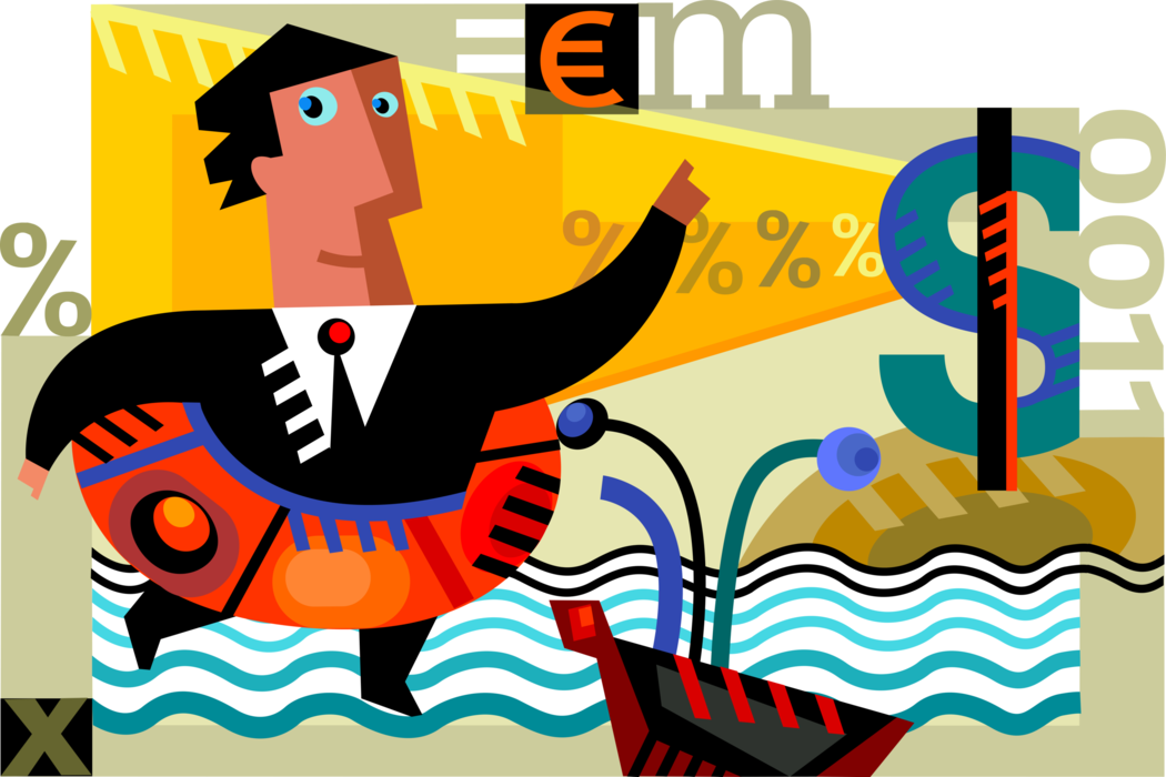 Vector Illustration of Businessman Manages Financial Risk in Investment Markets with Life Ring Preserver Personal Flotation Device