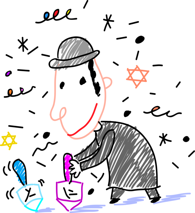 Vector Illustration of Hebrew Boy Spins Jewish Holiday of Hanukkah Dreidel Spinning Top