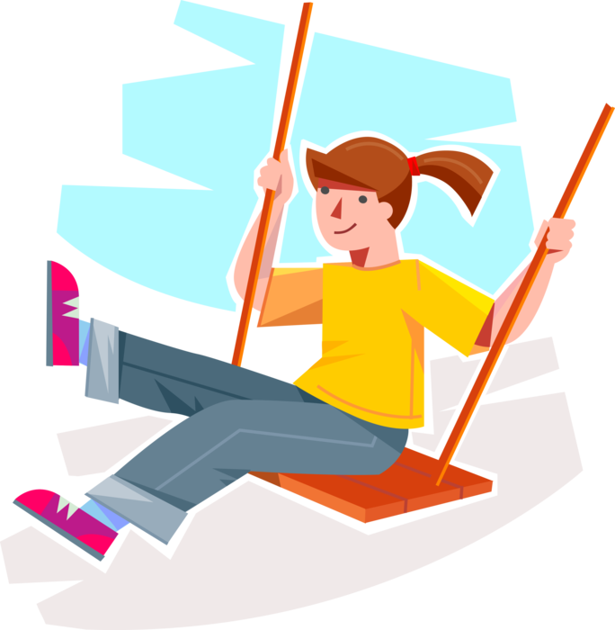 Vector Illustration of Young Girl Swings on Playground Swing in Park Outdoors