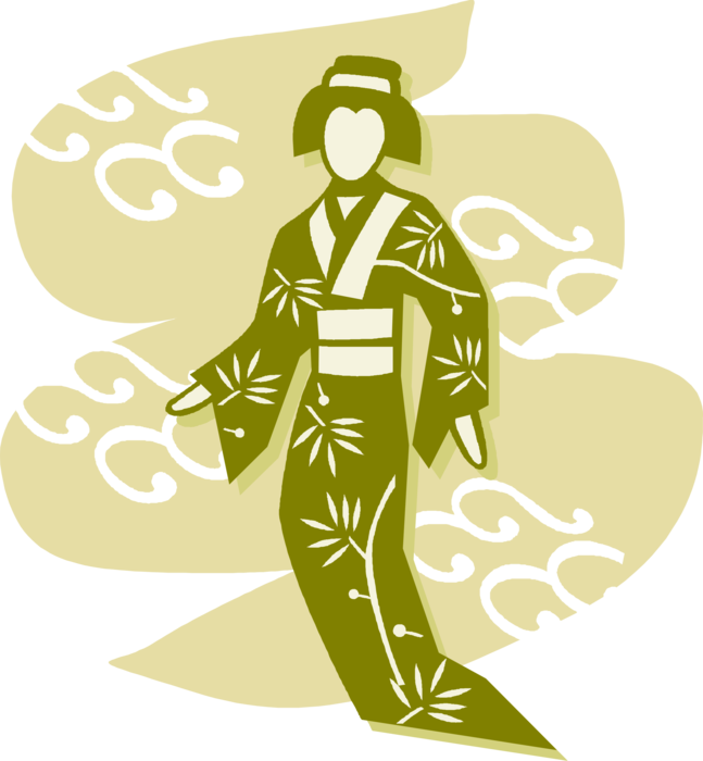 Vector Illustration of Japanese Courtesan Geisha Hostess in Traditional Garment Kimono Dress