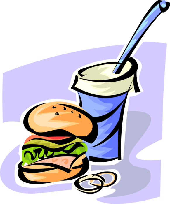 Vector Illustration of Fast Food Hamburger and Soda Pop Soft Drink in Cup with Drinking Straw