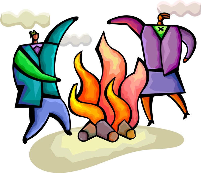 Vector Illustration of Business Associates Dance Around Campfire Fire with Great Power for Forging Will and Determination