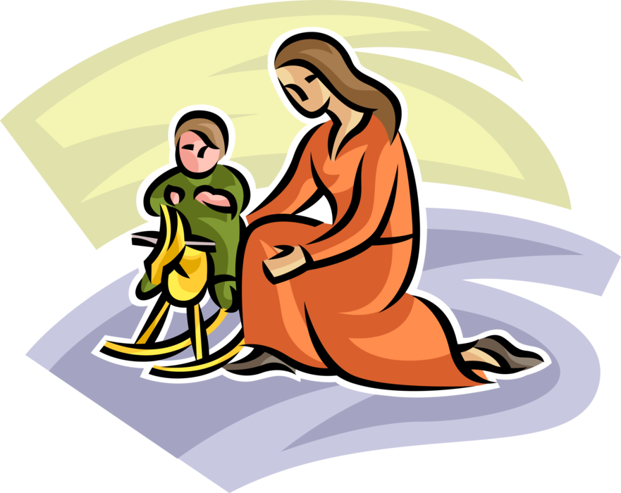Vector Illustration of Mother Plays with Child on Rocking Horse Toy