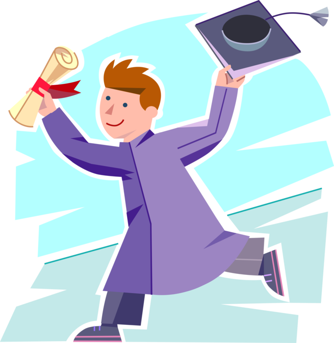 Vector Illustration of Primary or Elementary School Student Boy Excited at Graduation with Mortarboard Cap, Diploma Degree