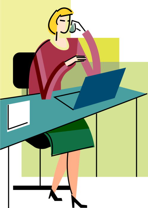 Vector Illustration of Businesswoman Conducts Market Research Talking on Mobile Phone with Computer