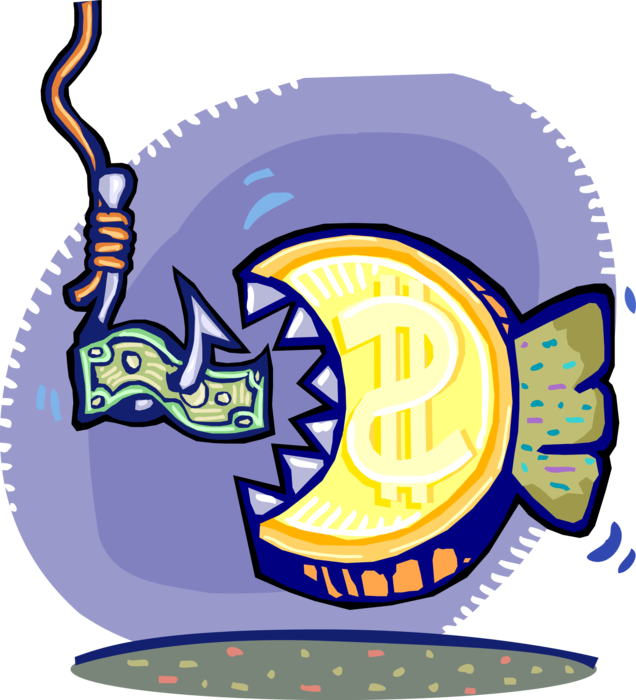 Vector Illustration of Fishing with Cash Money Dollar Bait on Hook Catches Money Dollar Fish