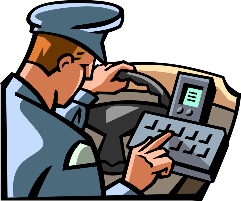Vector Illustration of Law Enforcement Police Officer Cop Checks Dashboard Computer in Squad Car Vehicle