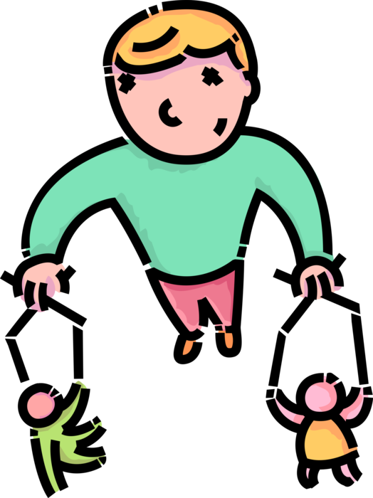 Vector Illustration of Primary or Elementary School Student Boy Puppeteer Plays with Puppets on Strings