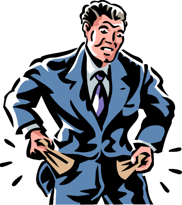 Vector Illustration of Penniless Broke or Bankrupt Impoverished Businessman with Empty Pockets