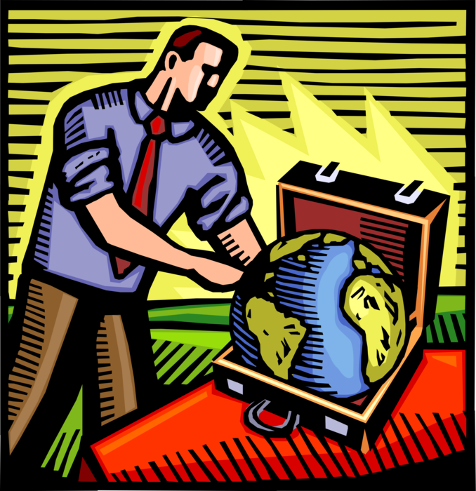 Vector Illustration of Businessman Pursues Global Marketing Opportunities with Planet Earth World and Briefcase