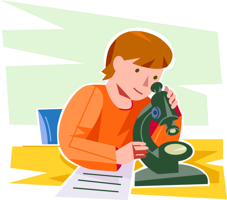 Vector Illustration of Student Looks Through Microscope for Science Class Work Assignment at School