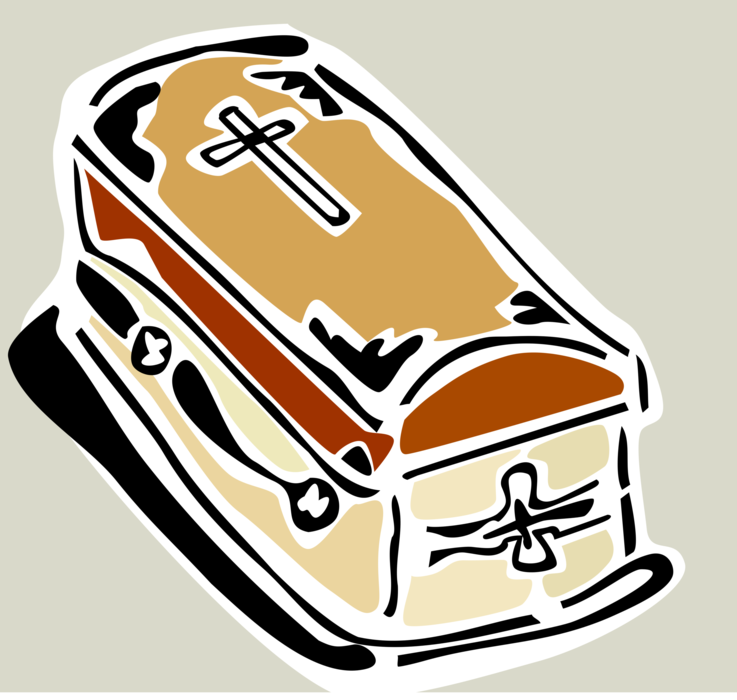 Vector Illustration of Funerary Box Burial Coffin with Christian Crucifix Cross Contains Dead Corpse