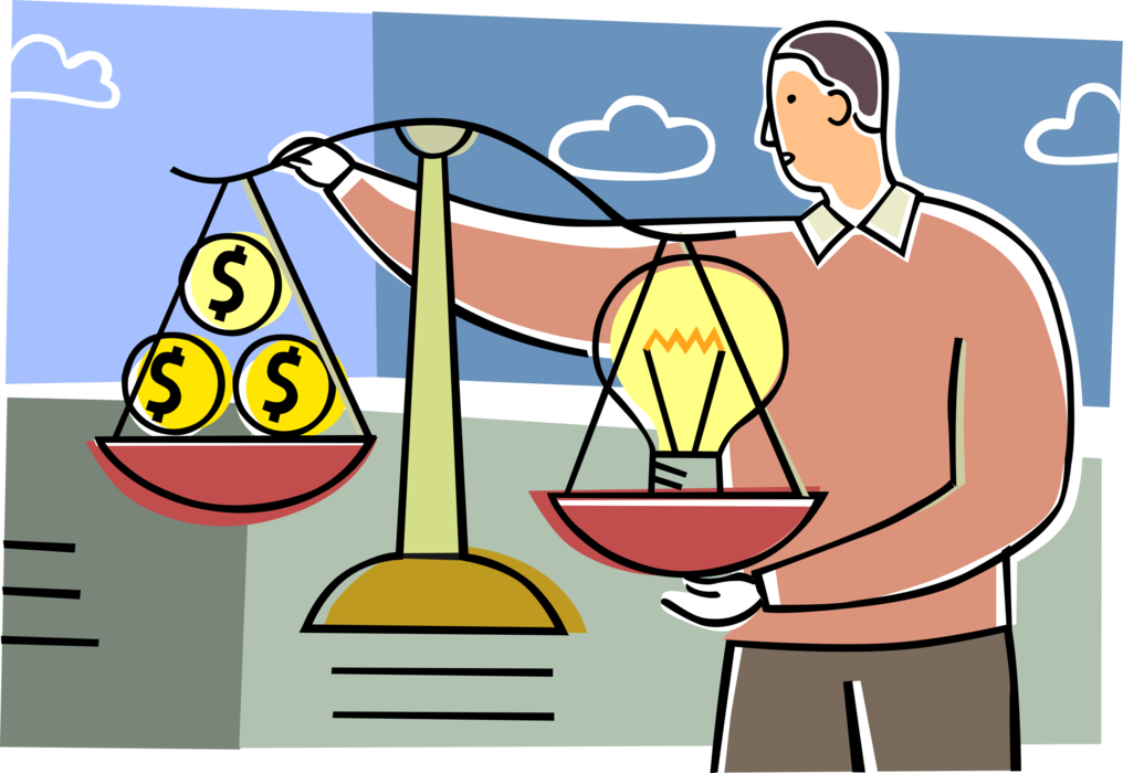 Vector Illustration of Businessman Weighs Financial Investment in Electric Light Bulb Symbol of Invention, Innovation, and Good Ideas