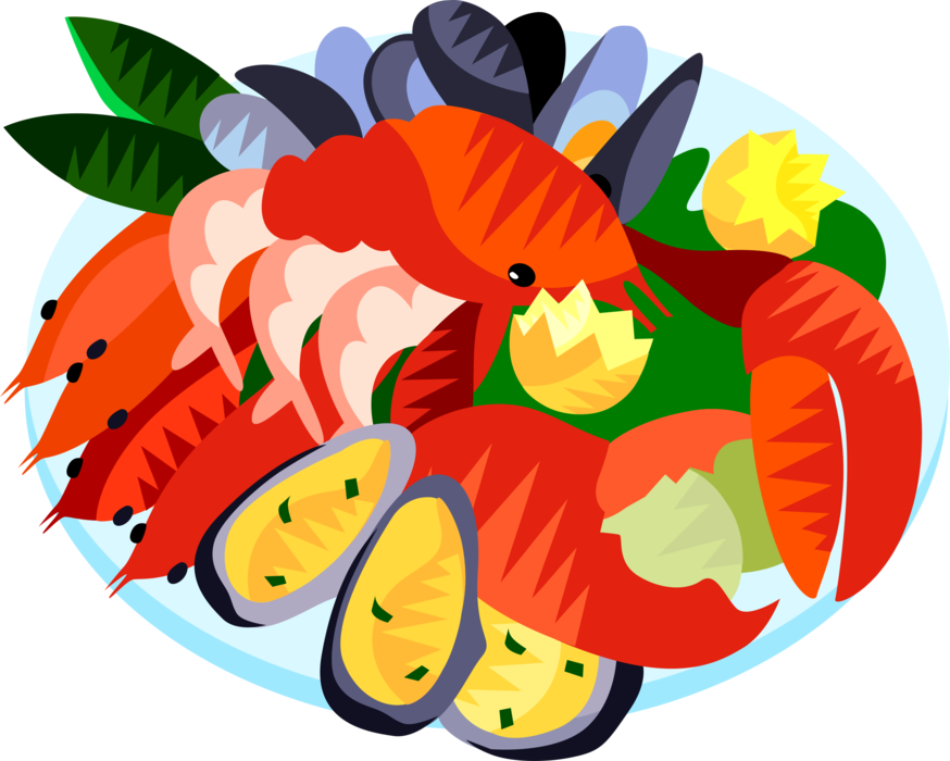 Vector Illustration of European Cuisine Seafood Platter with Lobster and Mussels