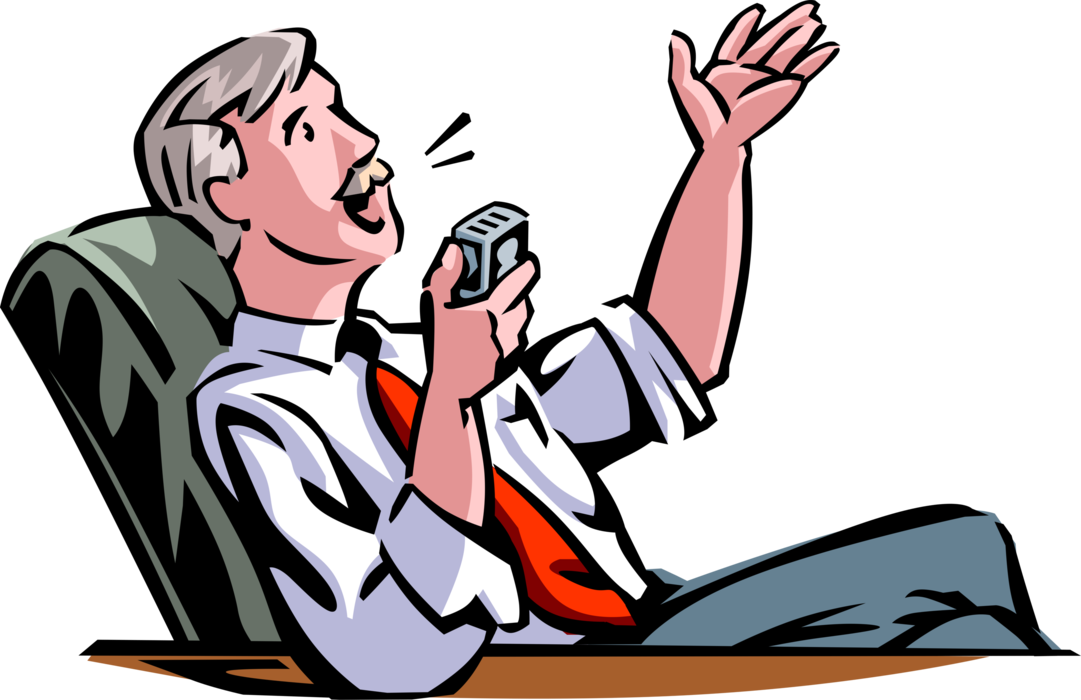Vector Illustration of Businessman Dictates Spoken Words by Speaking Into Recorder Hand-Held Device