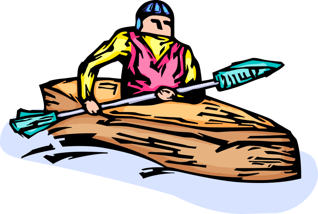 Vector Illustration of Kayaker Kayaking Rapids in Kayak Watercraft with Oar