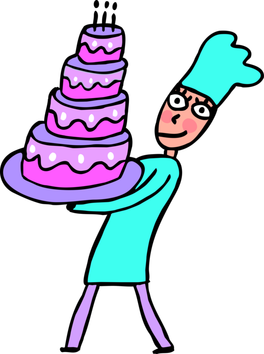 Vector Illustration of Restaurant Pastry Chef Carries Baked Dessert Birthday Cake with Candles