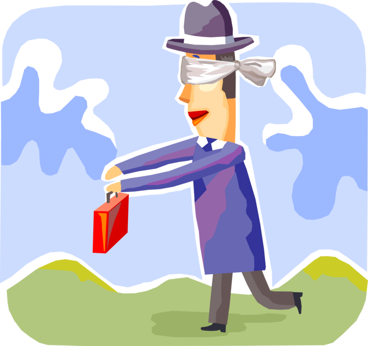 Vector Illustration of Blindfolded Businessman Walks Blindly Fearing No Harm or Danger with Briefcase