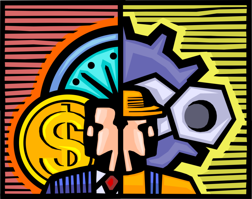 Vector Illustration of Financial Investment Businessman with Money and Time, Industrial Manufacturing Worker with Cogwheel Gears