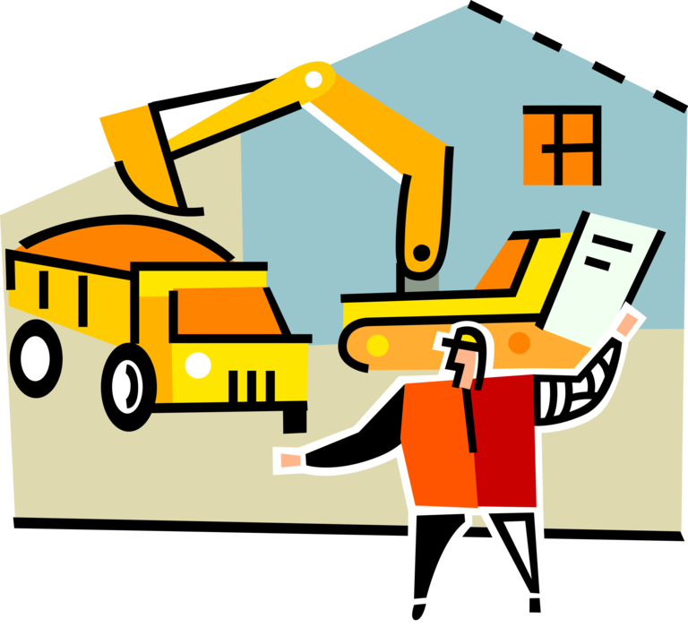 Vector Illustration of Construction Foreman Directs Heavy Equipment Excavator Front End Loader and Dump Truck