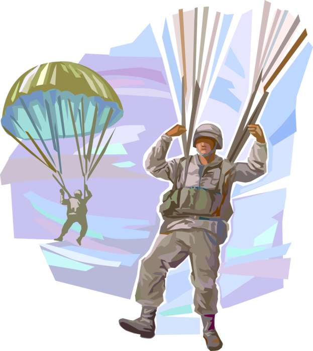 Vector Illustration of Paratroopers Military Parachutists Parachute to Ground During Combat Operations