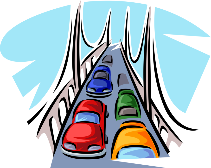 Vector Illustration of Automobile Motor Vehicle Car Traffic on Suspension Bridge Roadway Crossing Open Water
