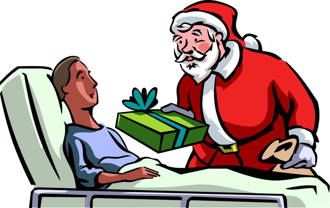 Vector Illustration of Santa Claus Delivers Christmas Gift to Bedridden Patient in Hospital Bed