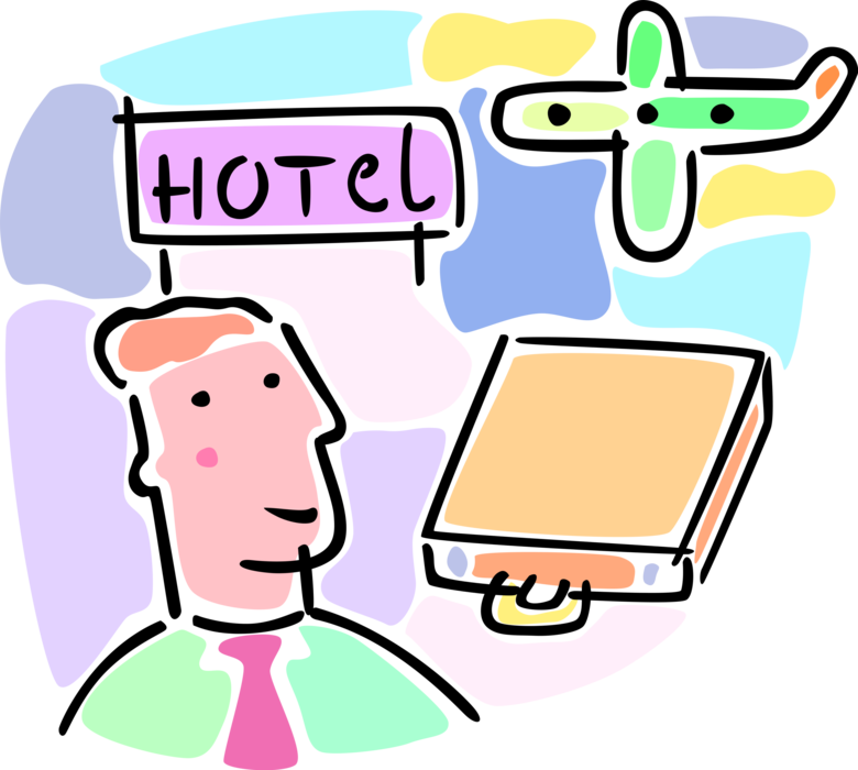 Vector Illustration of Business Travel with Airline Jet Passenger Airplane, Hotel Sign, and Briefcase Luggage