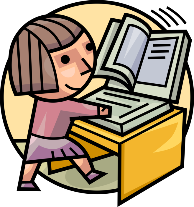 Vector Illustration of School Student Turns Electronic Pages Browsing Information with Online Internet Computer