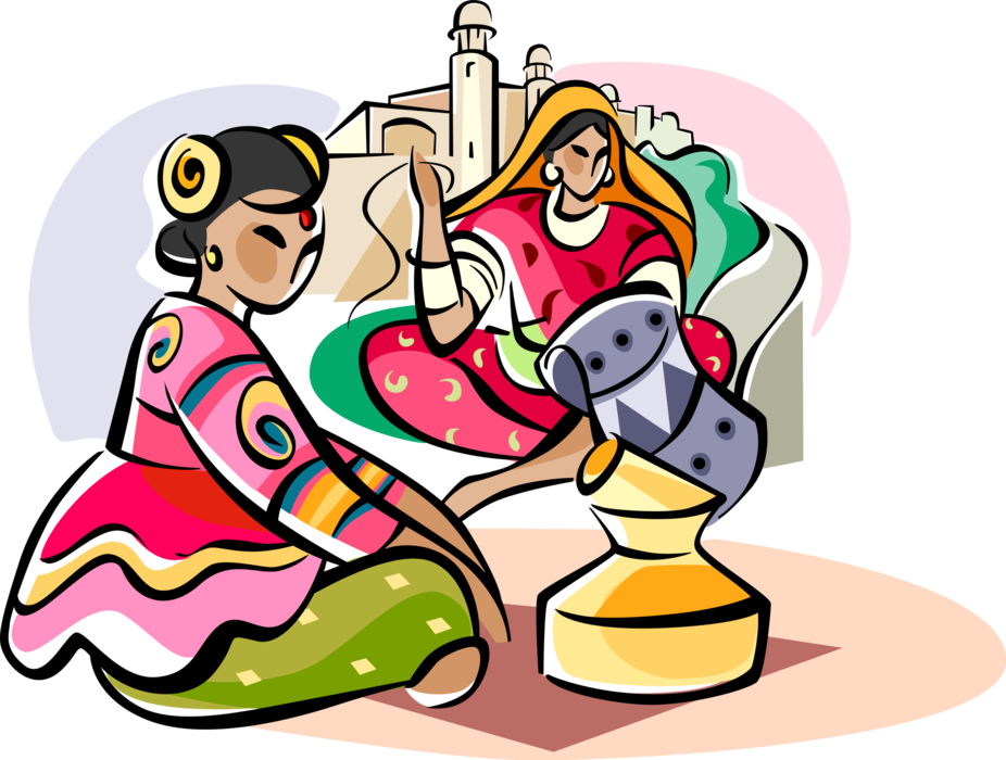 Vector Illustration of Indian Women in Traditional Dress
