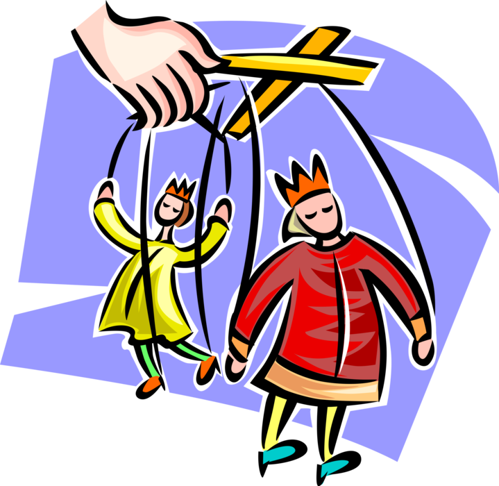 Vector Illustration of Puppeteering Hand with Puppets on Strings