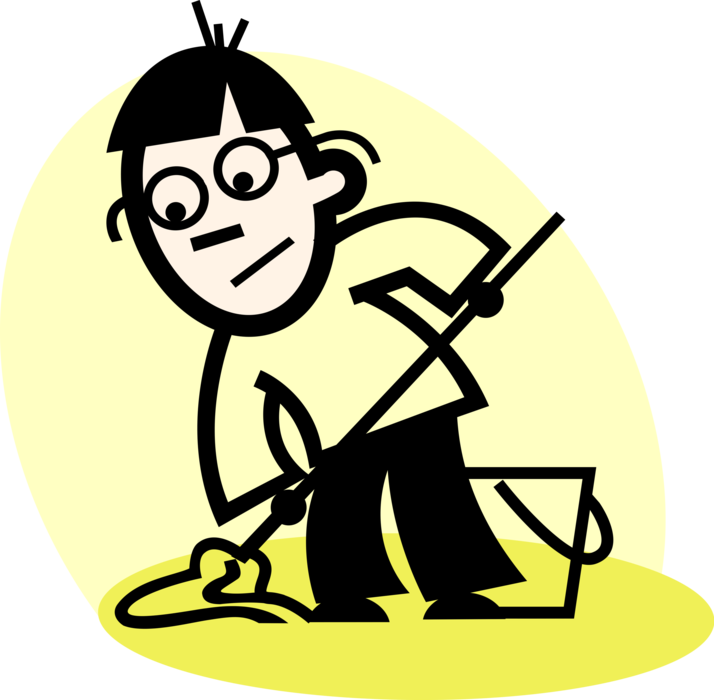 Vector Illustration of School Janitor Custodian with Mop and Pail Cleans the Floor