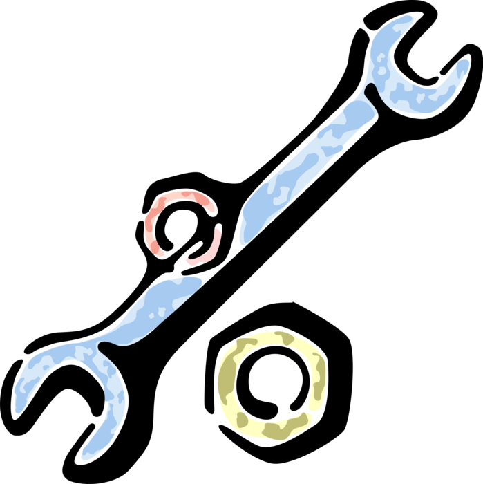 Vector Illustration of Workbench Wrench Tool and Bolt Fasteners