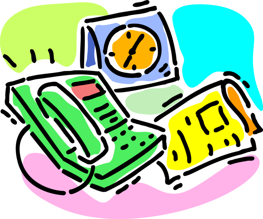 Vector Illustration of Office Telephone Phone, Time Clock, and Newspaper Financial Pages