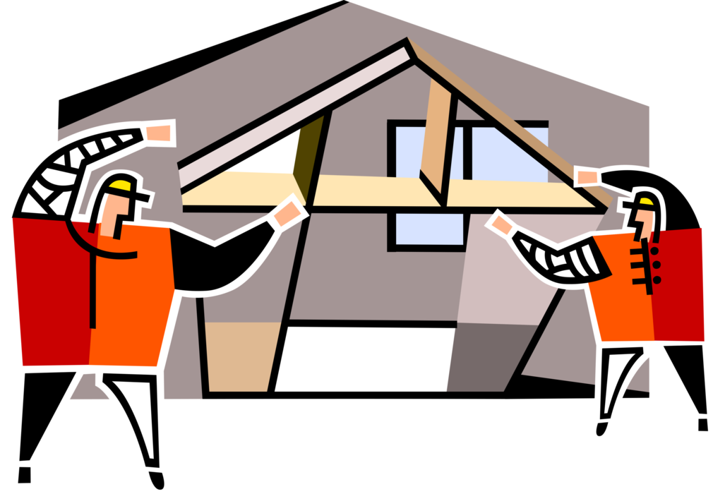 Vector Illustration of Construction Workers Build and Frame Family Home Residence House