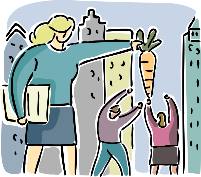 Vector Illustration of Businesswoman Executive Manager Dangles Carrot Financial Incentive to Workforce Employees