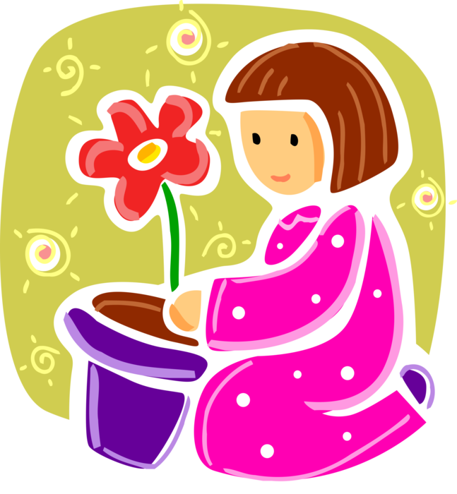 Vector Illustration of Young Child Plants Flower in Flower Pot