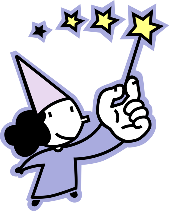 Vector Illustration of Sorcerer Magician Waves Magic Wand During Magic Act