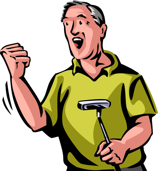 Vector Illustration of Retired Elderly Senior Citizen Golfer Pleased with Putter Performance While Golfing in Round of Golf