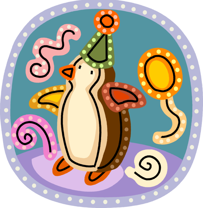 Vector Illustration of Birthday Aquatic Penguin Flightless Bird from Antarctica with Party Hat and Balloons
