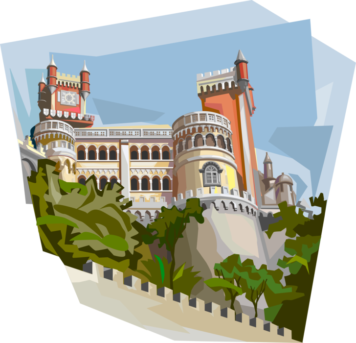 Vector Illustration of Pena Palace Palacio Da Pena Romanticist Castle, São Pedro de Penaferrim, Sintra, Portugal