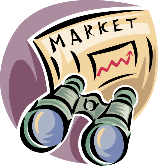 Vector Illustration of Wall Street Stock Market Outlook Report Forecast with Binoculars
