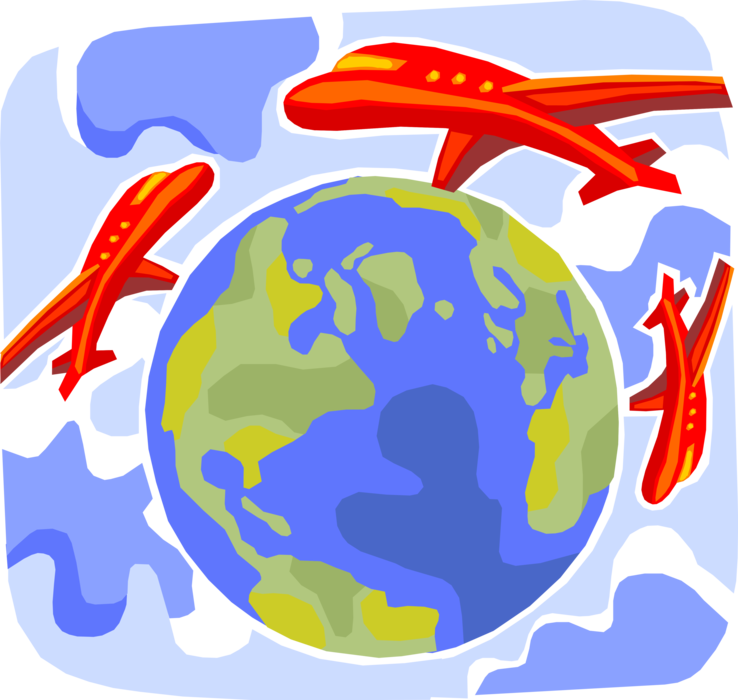 Vector Illustration of Commercial Passenger Jet Aircraft Airplanes in Flight Circling the Planet Earth Globe World
