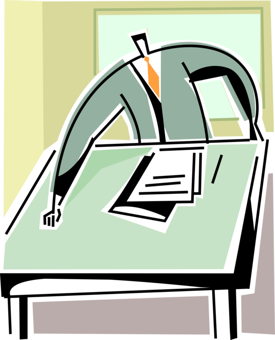 Vector Illustration of Businessman with Paperwork at Office Desk