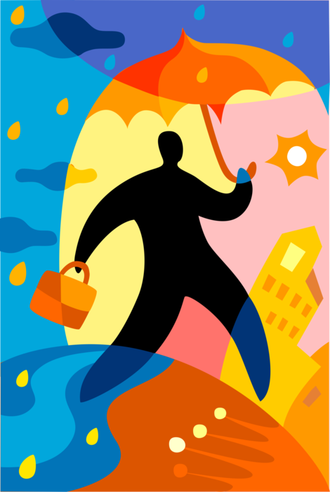 Vector Illustration of Businessman Walks in Rain Protected by Umbrella