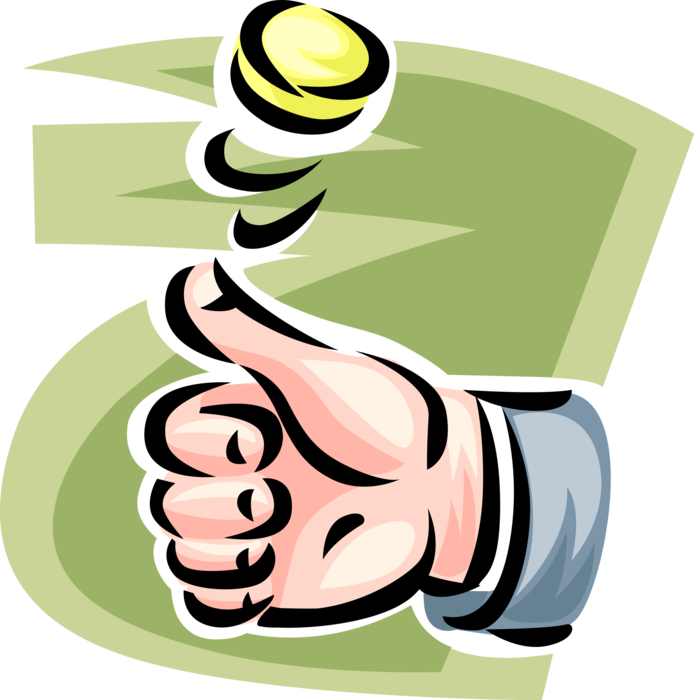 Vector Illustration of Decision Making Hand Flipping Coin in the Air Heads or Tails Coin Toss