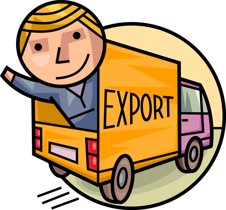 Vector Illustration of Businessman Exporter Exports Goods Across National Border in Delivery Cargo Van Transport Truck Vehicle