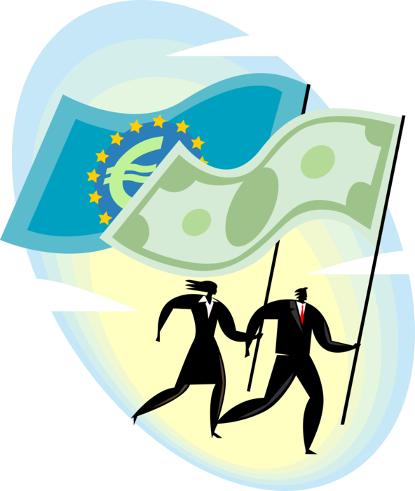 Vector Illustration of Business Associates Carry Euro and Dollar Currency Flags