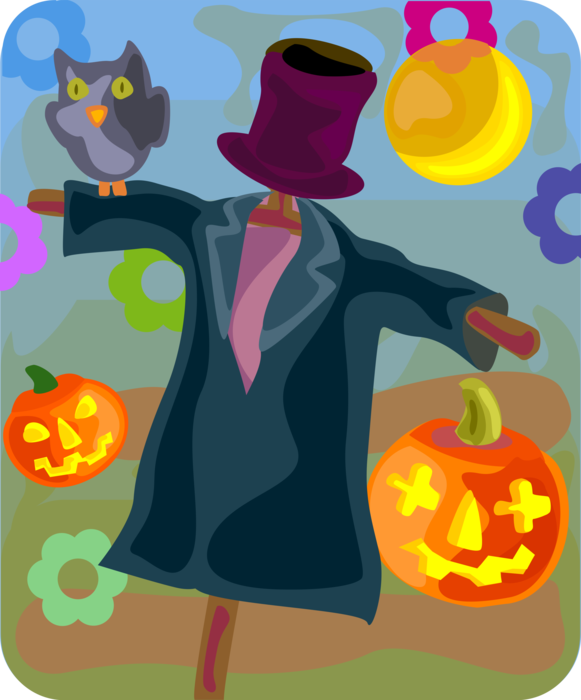 Vector Illustration of Halloween Scarecrow to Frighten Crows or Birds Away from Crops, Jack-o'-lantern Pumpkins, Owl, Full Moon 